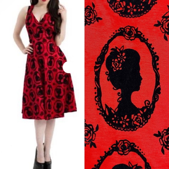 ModCloth X JawBreaker Velveteen Retro Pinup Rockabilly Cameo Midi Dress Red - Picture 3 of 13